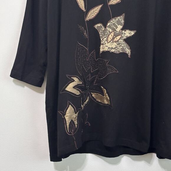 Maggie Barnes Top 1X Plus Black Gold Leaves 3/4 Sleeve Popover Fall Shirt NEW - Picture 2 of 7